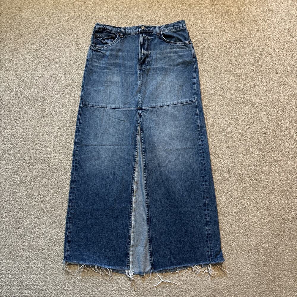 Reformation Skirt Tazz Denim Center High Slit Maxi Raw Hem Wash Blue Size 29